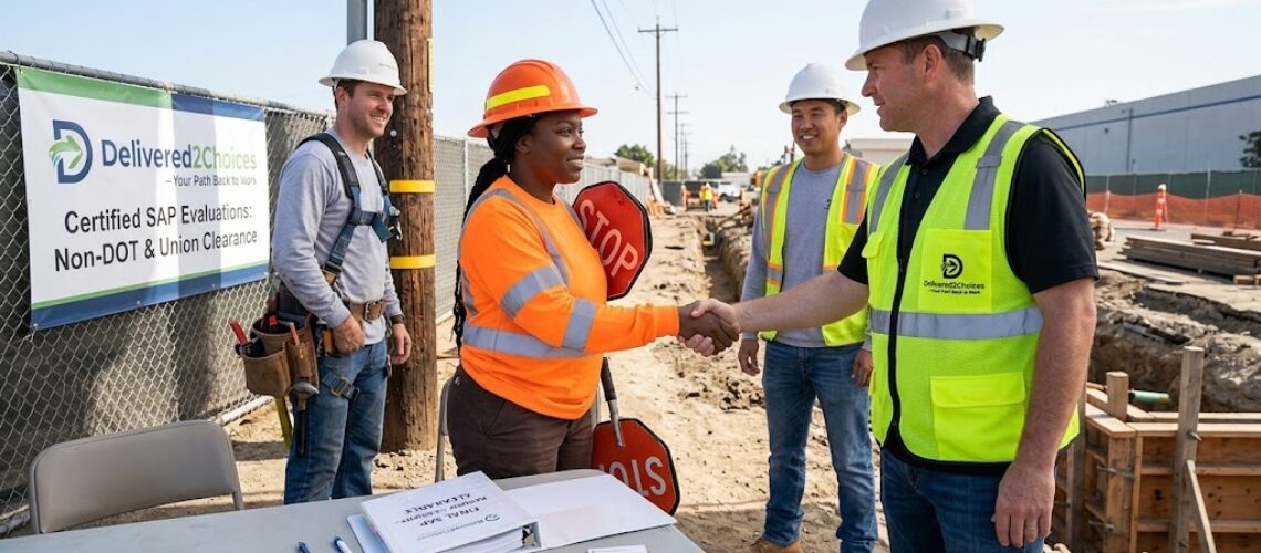 A Delivered2Choices supervisor shakes hands with a flagger on a construction site. A 'Final SAP Report' and other trade workers (linemen) are visible, reinforcing non-DOT return-to-duty clearance.