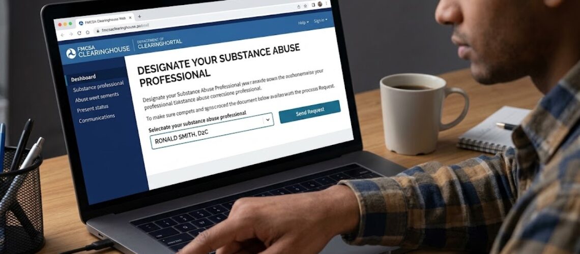 Commercial driver clicking the submit request button to designate Ronald Smith as their SAP in the FMCSA Clearinghouse