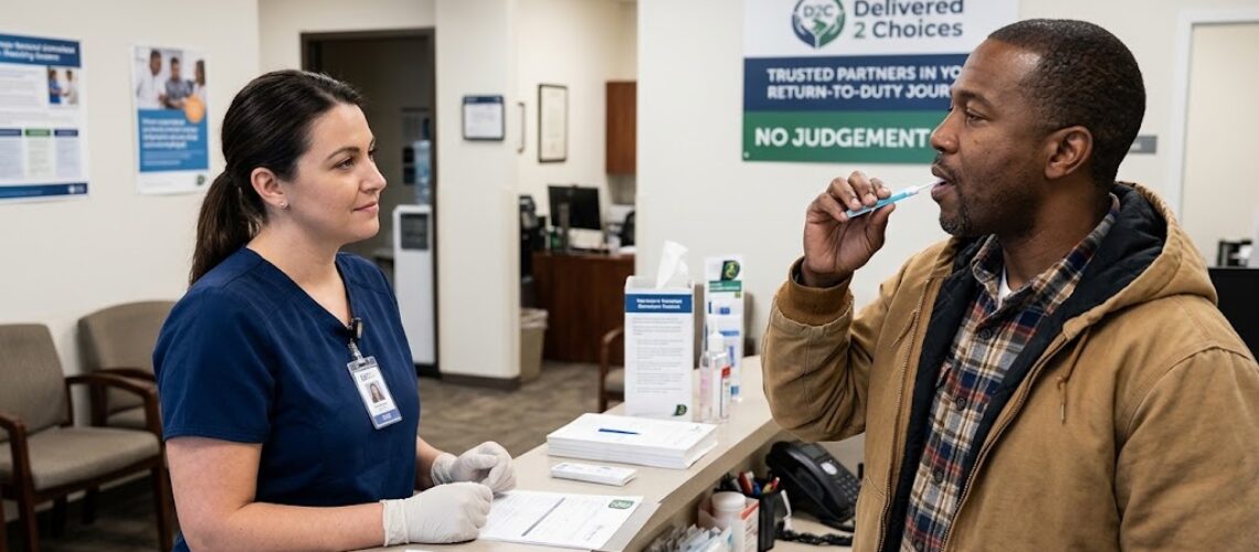 Medical professional and commercial driver completing an oral fluid swab test at a collection site with Delivered 2 Choices branding in the background.