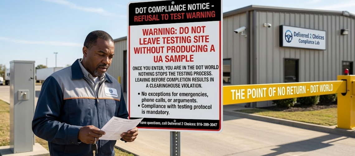 A CDL driver holding paperwork next to a DOT compliance warning sign stating 'Do not leave testing site without producing a UA sample' to avoid a refusal to test violation.