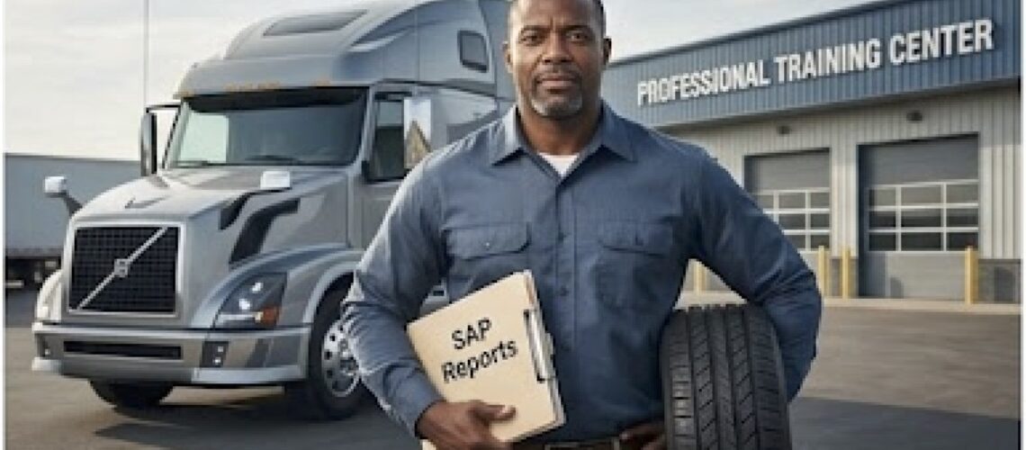 Confident commercial truck driver holding SAP reports standing in front of a semi-truck after completing the DOT Return-to-Duty process.