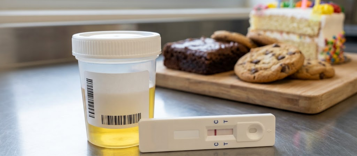 Positive DOT urine drug test cassette showing a single control line next to edibles and baked goods.