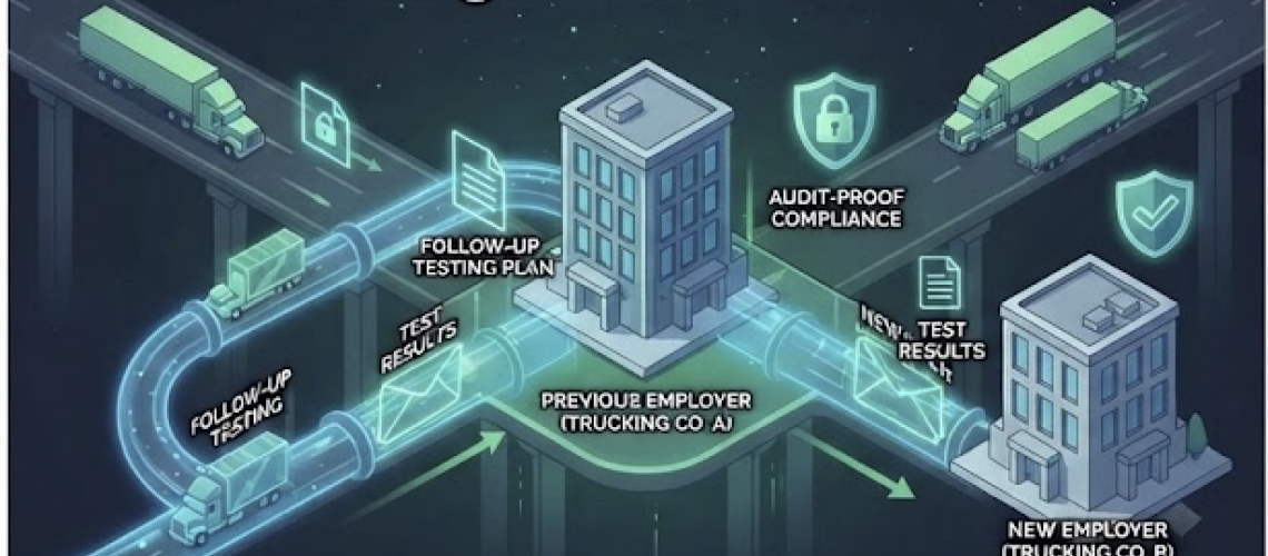 Illustration showing the secure DOT SAP follow-up testing plan transfer between employers by Delivered2Choices.Illustration showing the secure DOT SAP follow-up testing plan transfer between employers by Delivered2Choices.