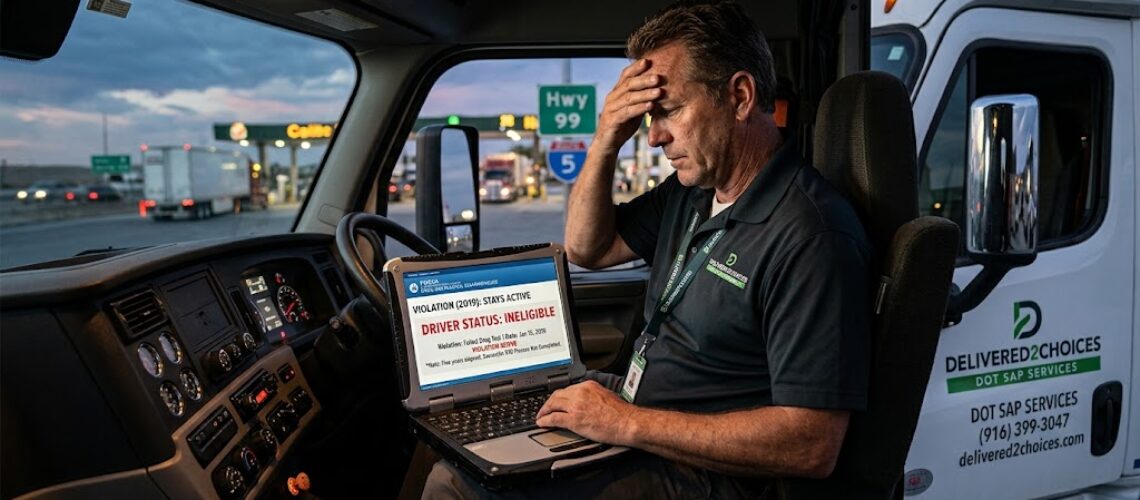 A distressed male truck driver in his semi-cab looking at a laptop showing his status is 'Ineligible' due to a 2019 failed drug test violation that 'Stays Active' with 'RTD Process Not Completed'. The truck door and shirt show 'Delivered2Choices DOT SAP Services' branding.
