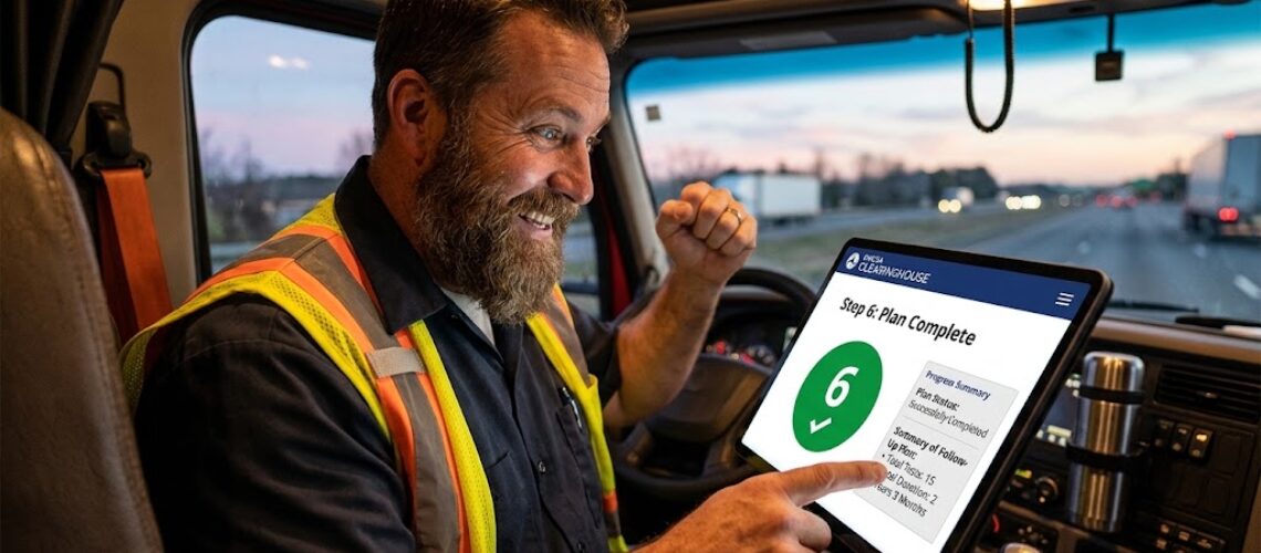 A close-up of a smiling, bearded truck driver in a safety vest fist-pumping while looking at a tablet in his truck cab. The tablet screen displays 'FMCSA CLEARINGHOUSE' and 'Step 6: Plan Complete' with a green checkmark over '6', along with a summary detailing 15 tests over 2 years and 3 months.Title: Excited Trucker celebrates FMCSA Step 6 Checkmark success in Clearinghouse