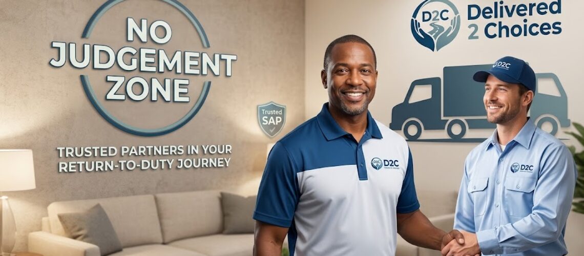 A warm, welcoming photo of Ron Smith, a friendly Substance Abuse Professional (SAP), in a professional office featuring a prominent 'No Judgement Zone' sign. The image also includes the text 'Friendly and Inviting Visual Message' and the Delivered 2 Choices logo, reinforcing a supportive, non-judgmental approach to DOT return-to-duty evaluations.