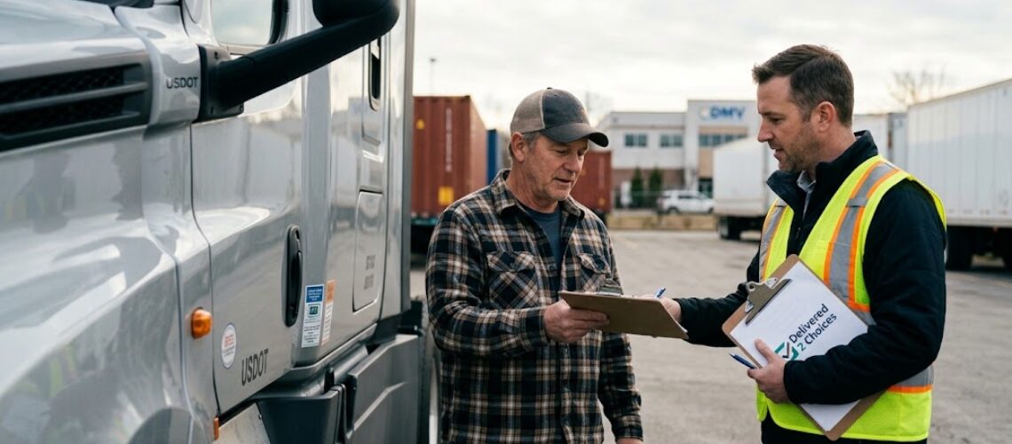 Professional truck driver reviewing DOT compliance documents and return-to-duty steps with a Delivered 2 Choices compliance specialist.