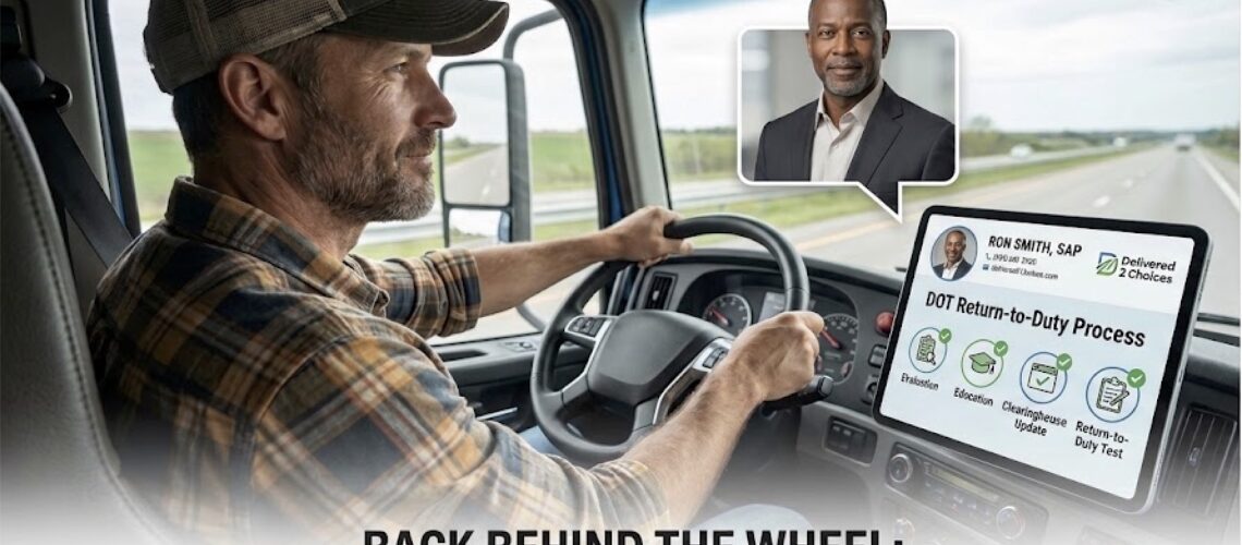 A confident commercial truck driver behind the wheel looking at a dashboard tablet showing a video consultation with trusted DOT SAP Ron Smith and a four-step return-to-duty checklist.