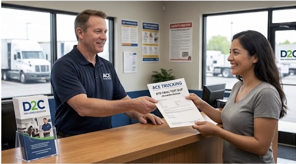 A male logistics manager at ACE Trucking handing a Return-to-Duty drug test authorization slip to a smiling female CDL driver in an office setting with a semi-truck visible through the window.