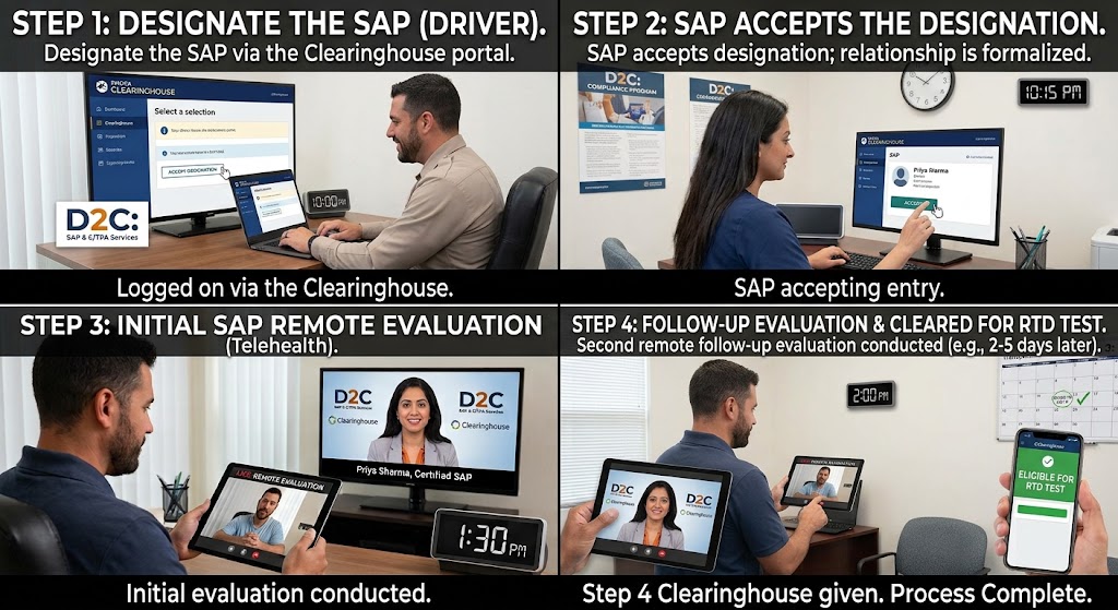 A four-step visual guide showing the FMCSA Clearinghouse Return-to-Duty process: a CDL driver designating a SAP online, the SAP accepting the designation, the initial remote telehealth evaluation, and the follow-up remote evaluation clearing the driver for their RTD test.