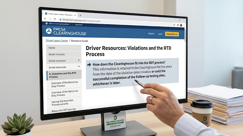 A hand pointing a pen at a computer screen displaying the FMCSA Clearinghouse website. The screen highlights the official rule that a DOT violation fall off only happens after five years or the completion of a follow-up testing plan, whichever is later. Delivered2Choices branding is on the monitor base.