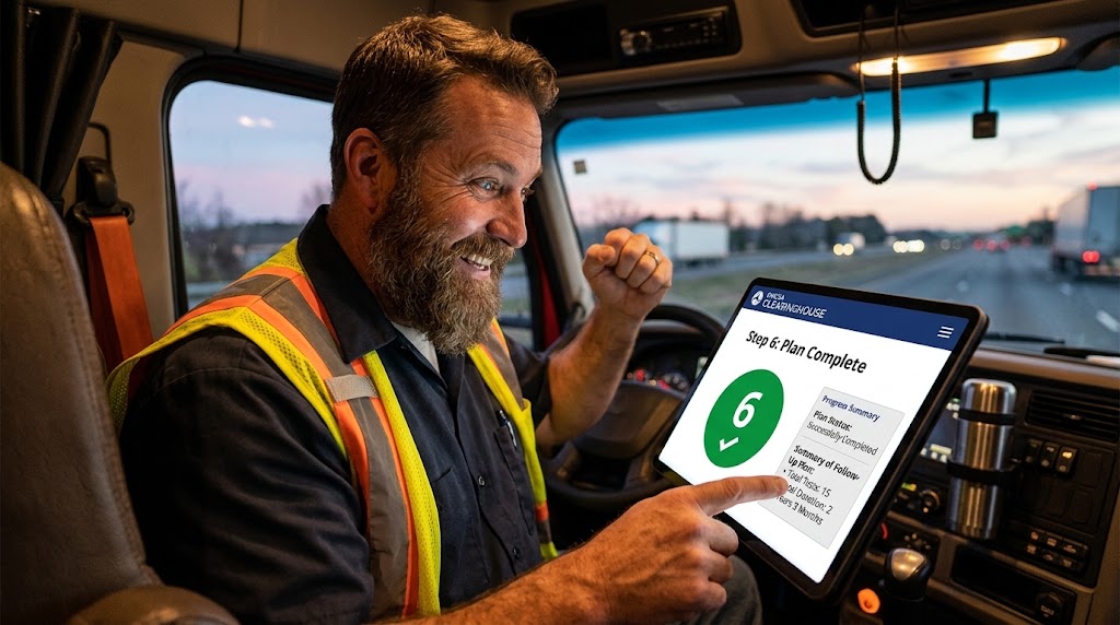A close-up of a smiling, bearded truck driver in a safety vest fist-pumping while looking at a tablet in his truck cab. The tablet screen displays 'FMCSA CLEARINGHOUSE' and 'Step 6: Plan Complete' with a green checkmark over '6', along with a summary detailing 15 tests over 2 years and 3 months.Title: Excited Trucker celebrates FMCSA Step 6 Checkmark success in Clearinghouse