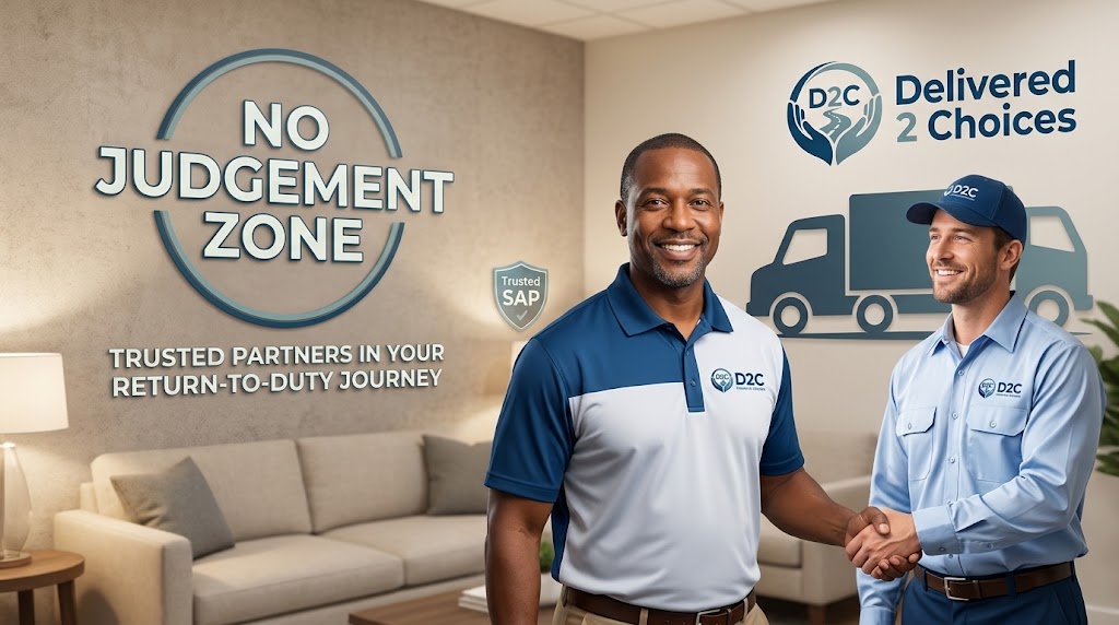 A warm, welcoming photo of Ron Smith, a friendly Substance Abuse Professional (SAP), in a professional office featuring a prominent 'No Judgement Zone' sign. The image also includes the text 'Friendly and Inviting Visual Message' and the Delivered 2 Choices logo, reinforcing a supportive, non-judgmental approach to DOT return-to-duty evaluations.