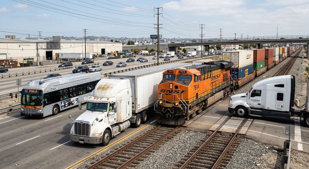 Close-up photograph of a multi-modal transportation corridor in Los Angeles, featuring multiple semi-trucks and a Metro bus traveling on an asphalt road directly parallel to active double railway tracks with a BNSF freight train.