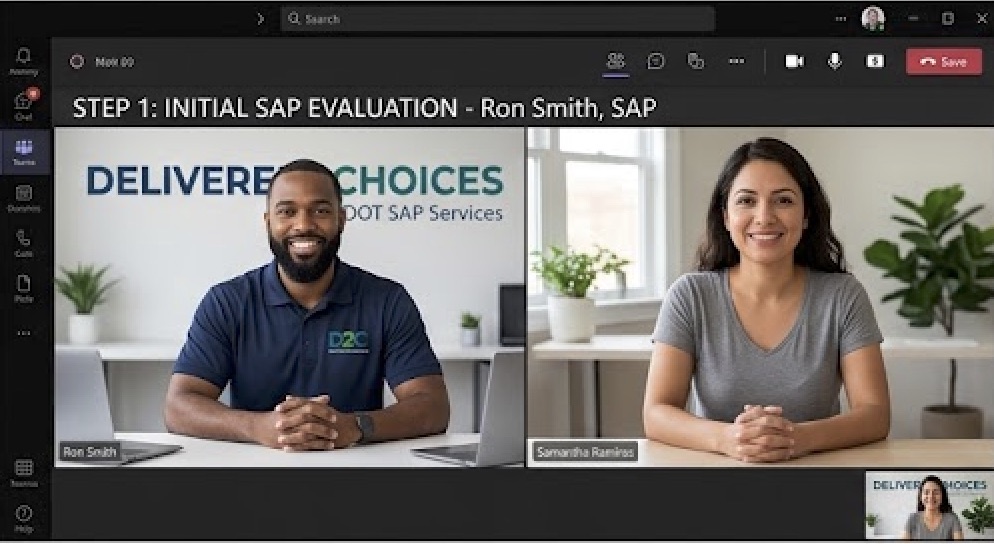 A virtual Microsoft Teams meeting showing a remote DOT SAP evaluation. Ron Smith, a male Substance Abuse Professional, is in his Delivered2Choices office speaking with Samantha, a female CDL driver safely seated at home.