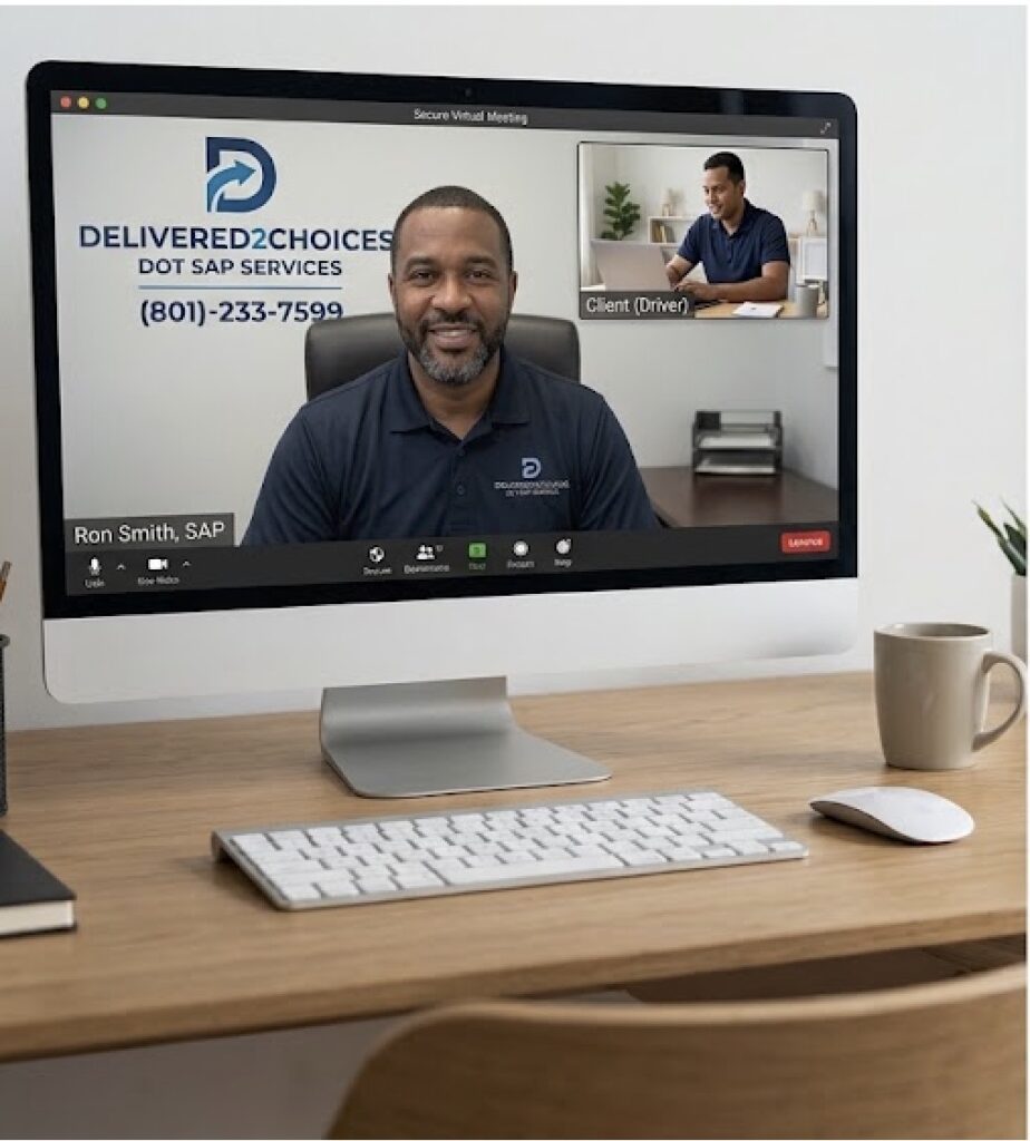 A virtual meeting showing a remote DOT SAP evaluation in Bakersfield. Ron Smith, a male Substance Abuse Professional, is in his Delivered2Choices office speaking with a client safely seated at a home desk.
