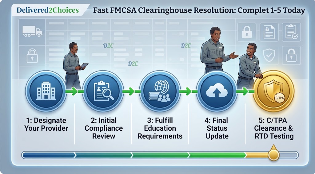 A step-by-step visual guide showing a commercial driver completing the 5 FMCSA Clearinghouse resolution steps, from designating a provider to final C/TPA clearance.