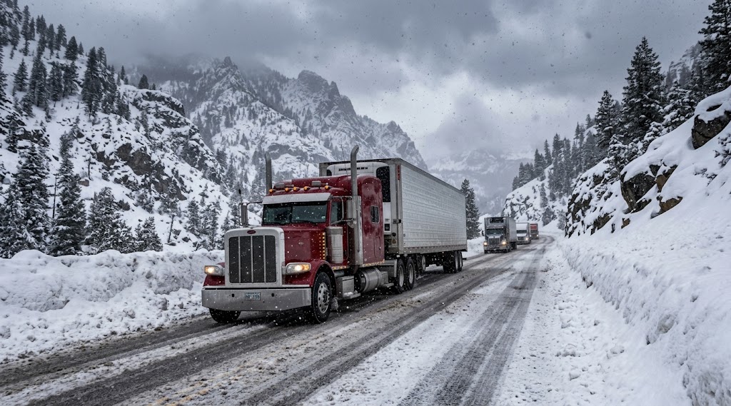 A red commercial freight truck driving through a snowy mountain pass on I-80, representing DOT SAP evaluation services in Nevada County, Truckee, and Grass Valley.