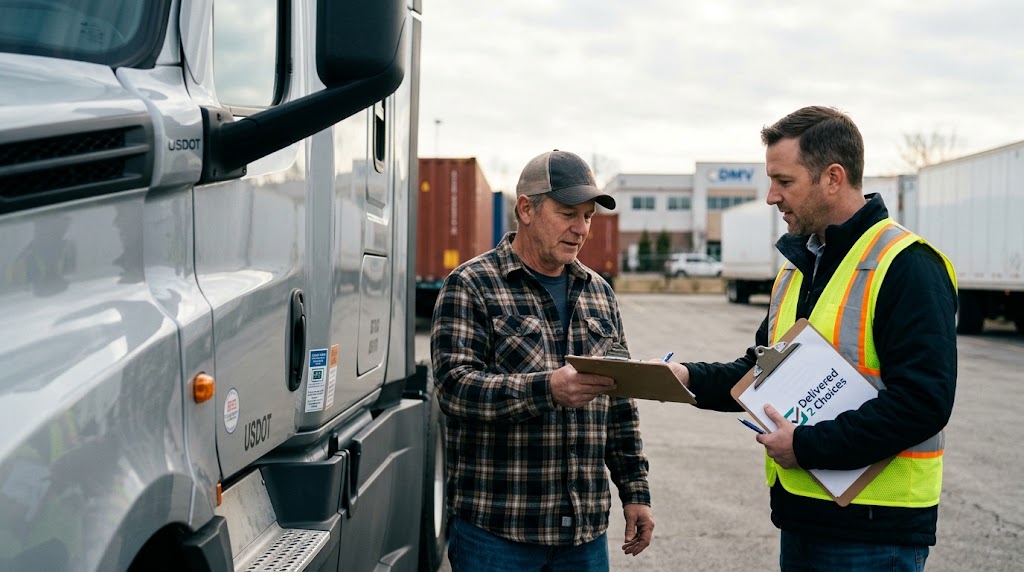 Professional truck driver reviewing DOT compliance documents and return-to-duty steps with a Delivered 2 Choices compliance specialist.