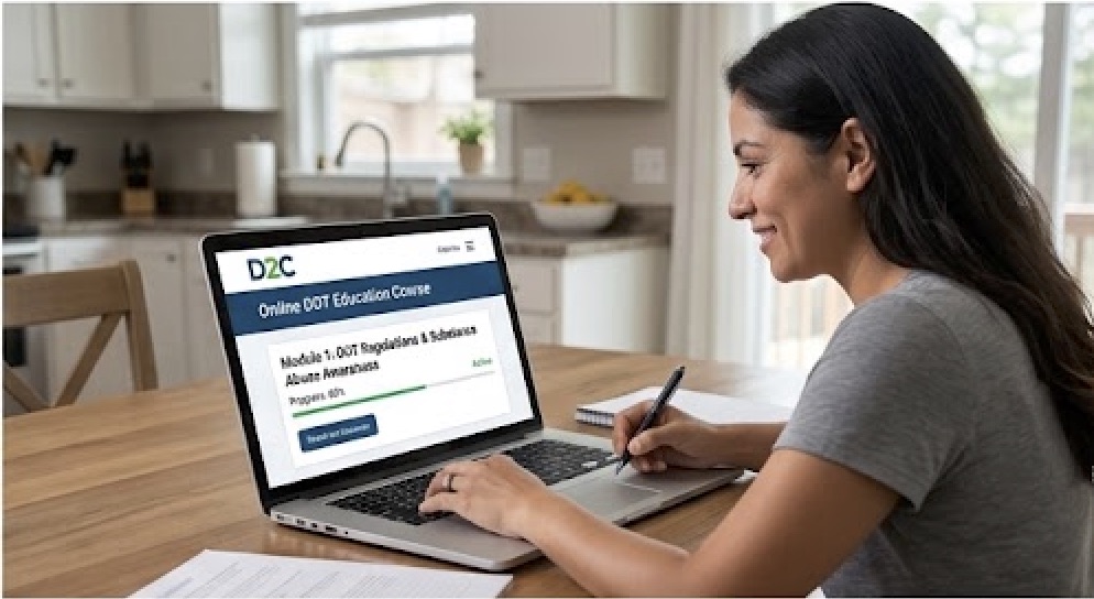 A female truck driver sitting comfortably at her kitchen island, using a laptop to complete an online DOT SAP education course through the D2C portal.