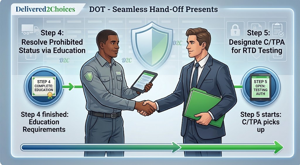 A visual illustration showing an owner-operator driver finishing Step 4 and the C/TPA picking up with authorization for Step 5 of the DOT Return-to-Duty process.
