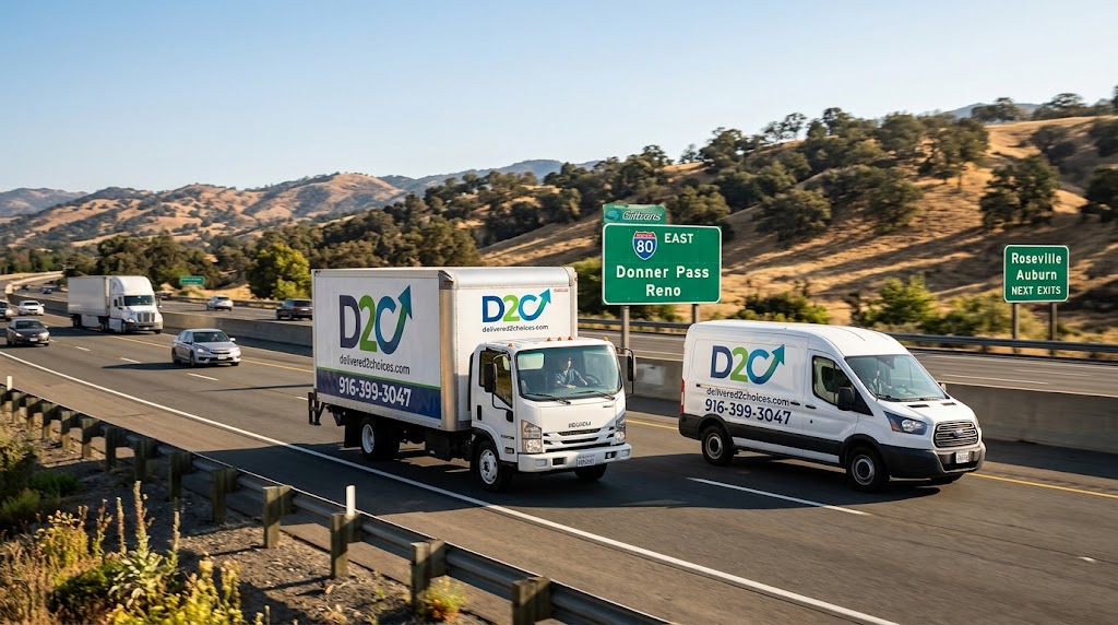 A photograph of a white box truck and cargo van, both with Delivered2Choices (D2C) branding and phone number 916-399-3047, driving on Interstate 80 in Placer County. The background features green highway signs for 80 East, Donner Pass, and exits for Roseville and Auburn, with rolling hills.