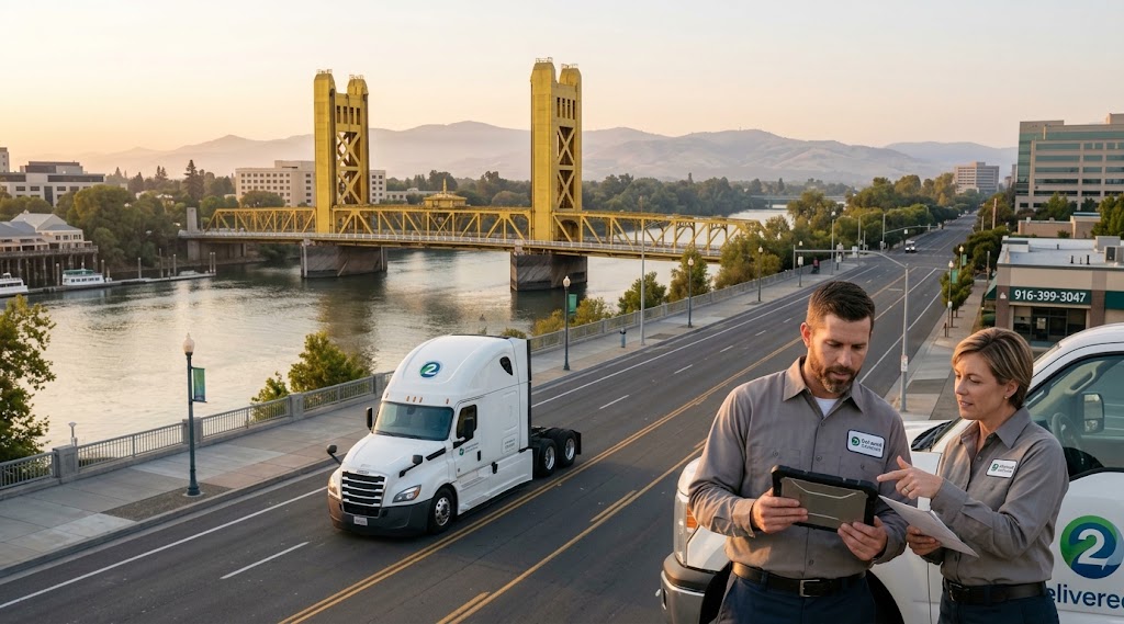 An elevated photograph of the yellow Sacramento Tower Bridge over the river at golden hour. Two 'Delivered2Choices' employees in branded uniforms discuss on a tablet next to a 'Delivered2Choices' semi-truck. Company branding is subtly visible on foreground uniforms and vehicles, and the local number '916-399-3047' is integrated onto a background commercial sign.
