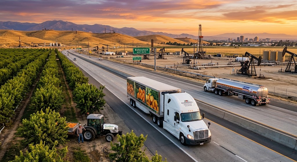 A scenic sunset view of Bakersfield and Highway 99 in Kern County, featuring a citrus orchard tractor, active oil pumpjacks, and semi-trucks on the highway. This represents the local agriculture and energy logistics drivers who rely on Delivered2Choices for DOT SAP evaluation services.