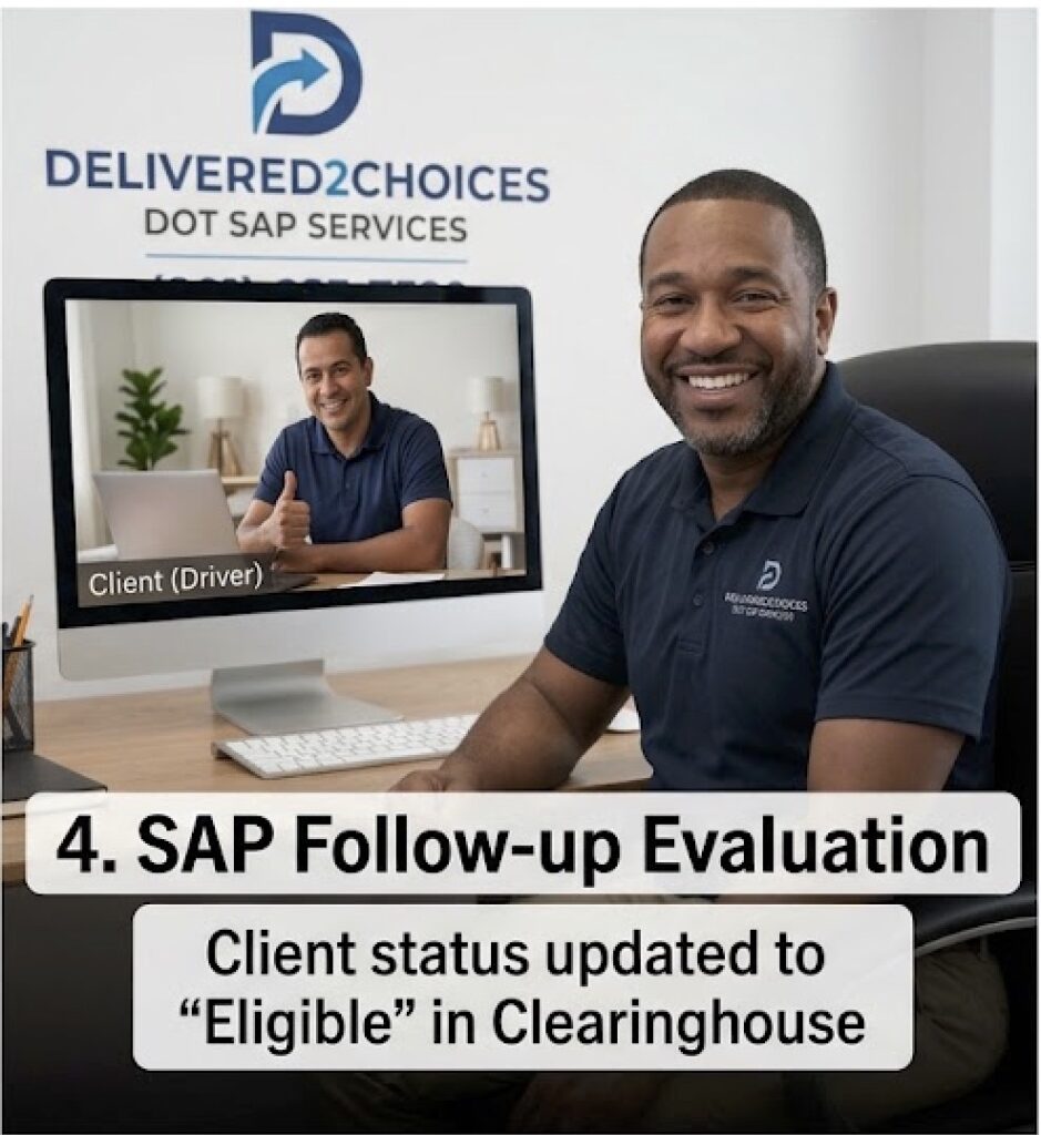A successful DOT SAP follow-up evaluation via a virtual meeting. Evaluator Ron Smith smiles while the client gives a thumbs-up, confirming their FMCSA Clearinghouse status is now eligible.