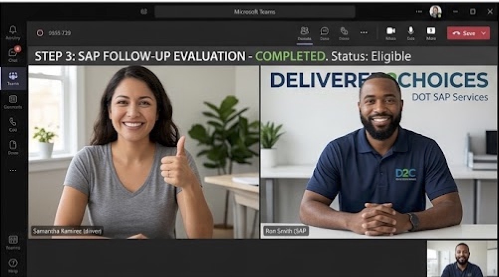 A successful DOT SAP follow-up evaluation via a virtual Teams meeting. Evaluator Ron Smith smiles while the female client gives a thumbs-up, confirming her status is now eligible.