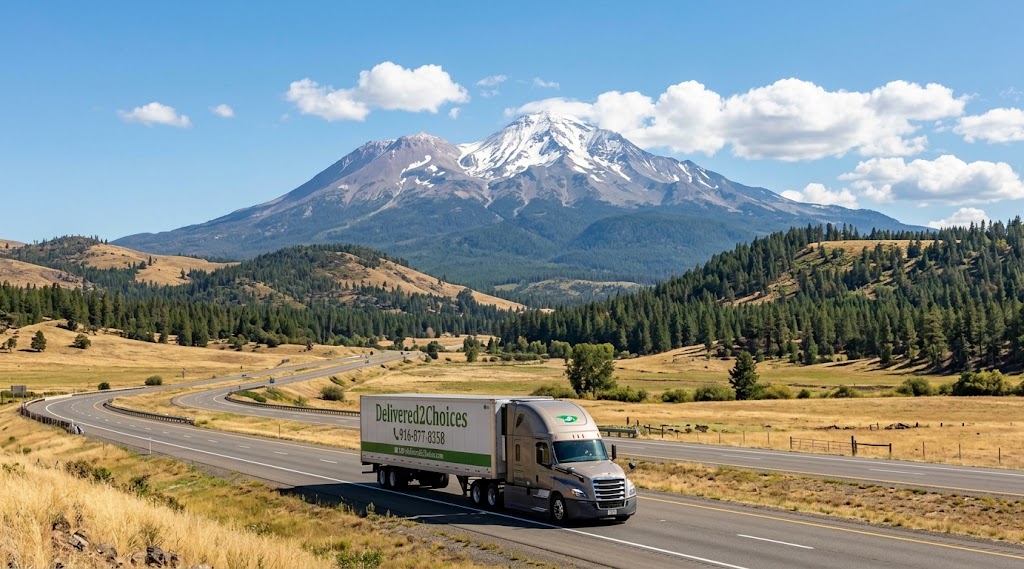 A Delivered2Choices commercial truck driving on a rural highway with Mount Shasta in the background, representing 100% remote DOT SAP evaluation services.