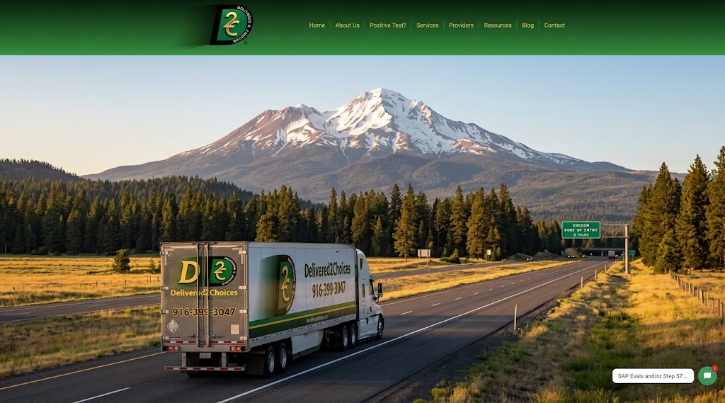 A Delivered2Choices commercial truck driving on Interstate 5 near Mount Shasta and the Oregon border, representing 100% remote DOT SAP evaluation services in Siskiyou County.