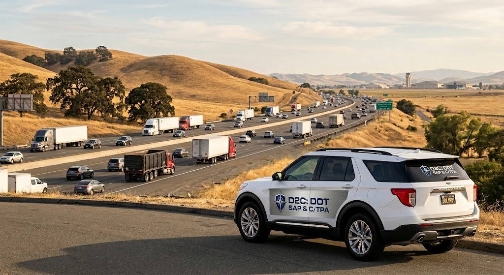 A professional D2C service vehicle branded 'DOT SAP & C/TPA' parked on a turnout overlooking the busy I-80 freight corridor in Solano County, California, with heavy commercial truck traffic in the background near Fairfield.