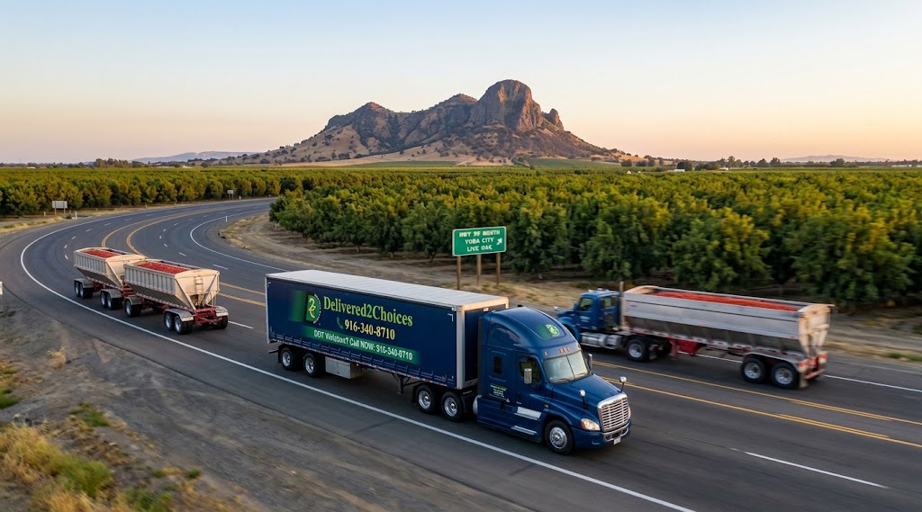 Delivered2Choices commercial trucks driving past agricultural fields and the Sutter Buttes on Highway 99, representing DOT SAP evaluation services in Sutter County.
