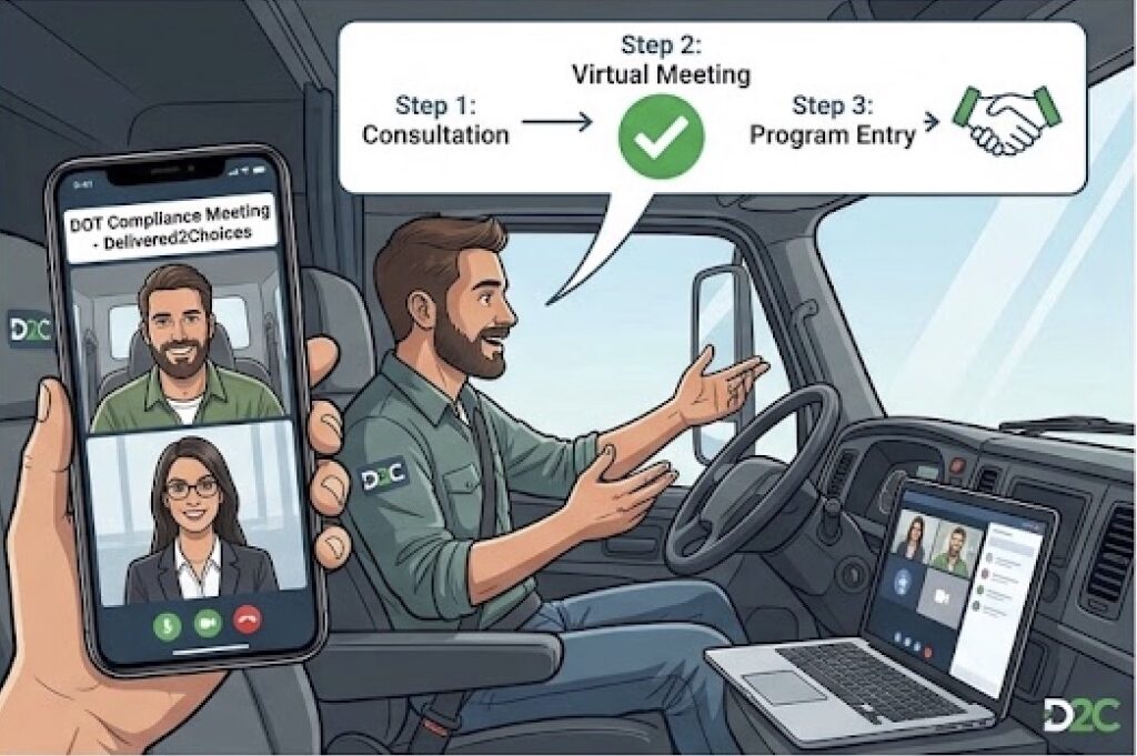 A truck driver on his cell phone engaging in a virtual meeting to start a DOT compliance program.