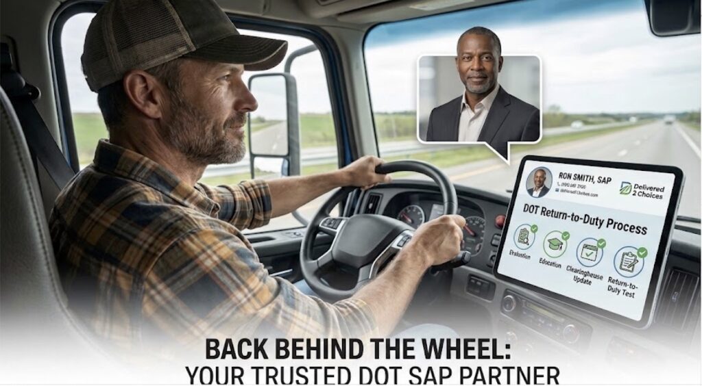A confident commercial truck driver behind the wheel looking at a dashboard tablet showing a video consultation with trusted DOT SAP Ron Smith and a four-step return-to-duty checklist.