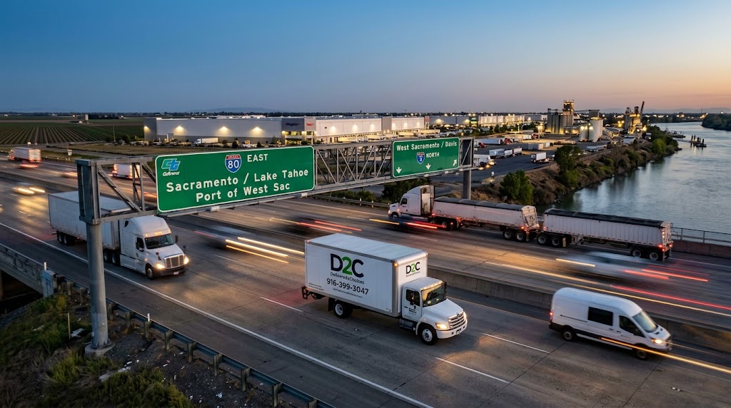A Delivered2Choices box truck driving on a busy highway near the Port of West Sacramento, passing green signs for Davis and Sacramento.
