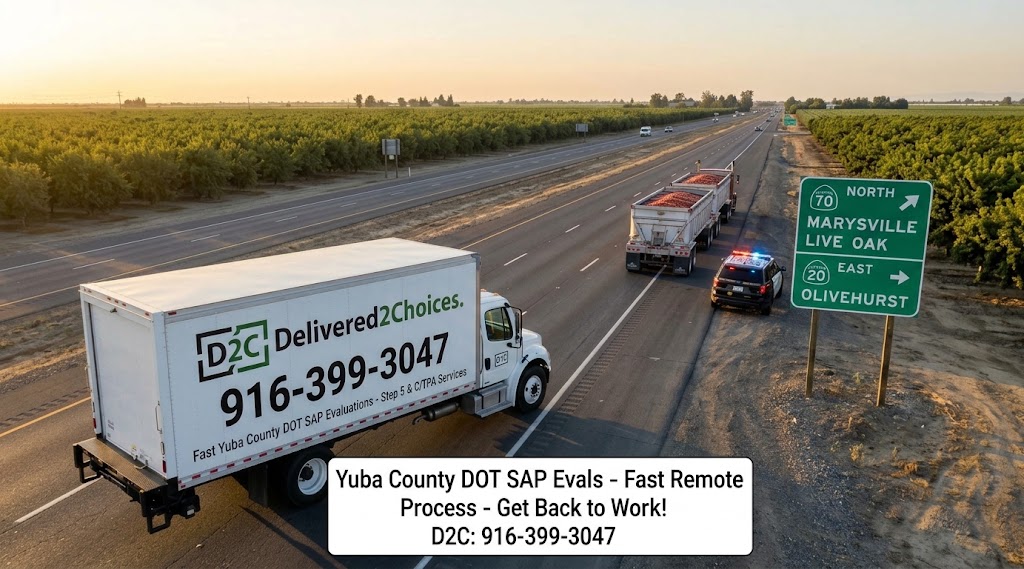 A Delivered2Choices commercial box truck displaying phone number 916-399-3047 driving on Highway 70 near Marysville and agricultural fields, representing DOT SAP evaluation services in Yuba County.